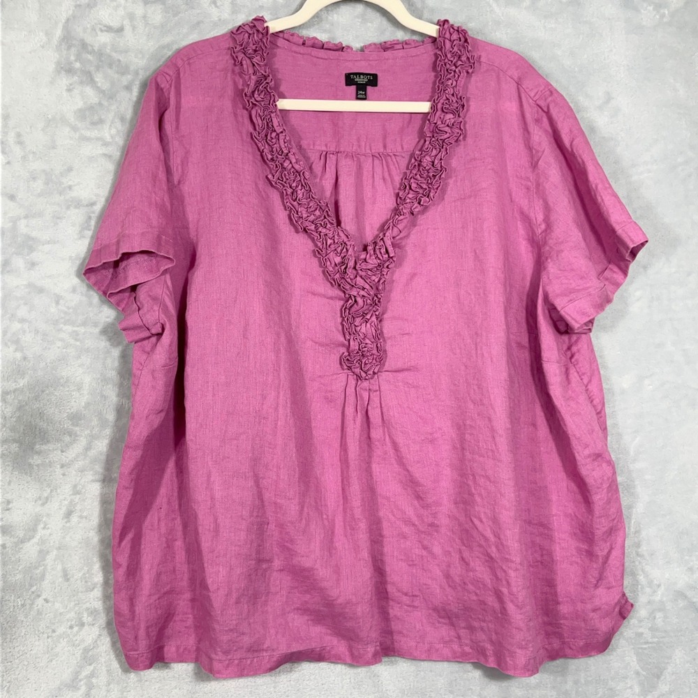 Talbots‎ Womens Blouse 24W Pink 100% Linen Ruffle V-Neck Short Sleeve Coastal